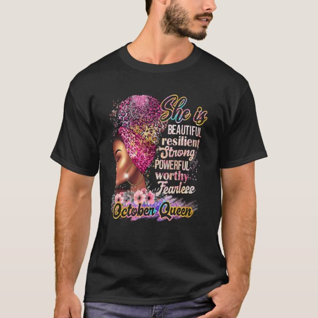 T-shirt October Queen Black Woman Floral A Queen Was Born  (Devant)