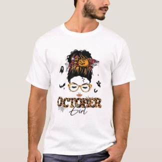 T-shirt Octobre Fille Messy Bun Cheveux Halloween Annivers