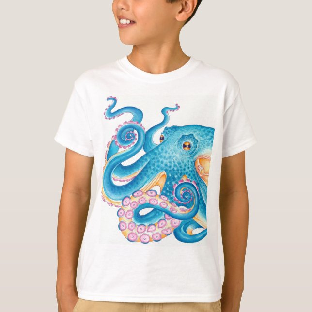 T-shirt Octopus bleu Kraken Orange Rose Aquarelle (Devant)
