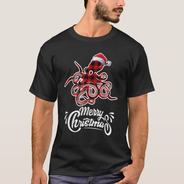 T-shirt Octopus Buffle de Noël Rouge Plaid Santa Hat Octo (Devant)