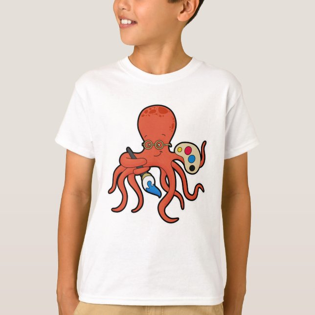 T-shirt Octopus comme Peintre avec Peinture et Pinceau (Devant)