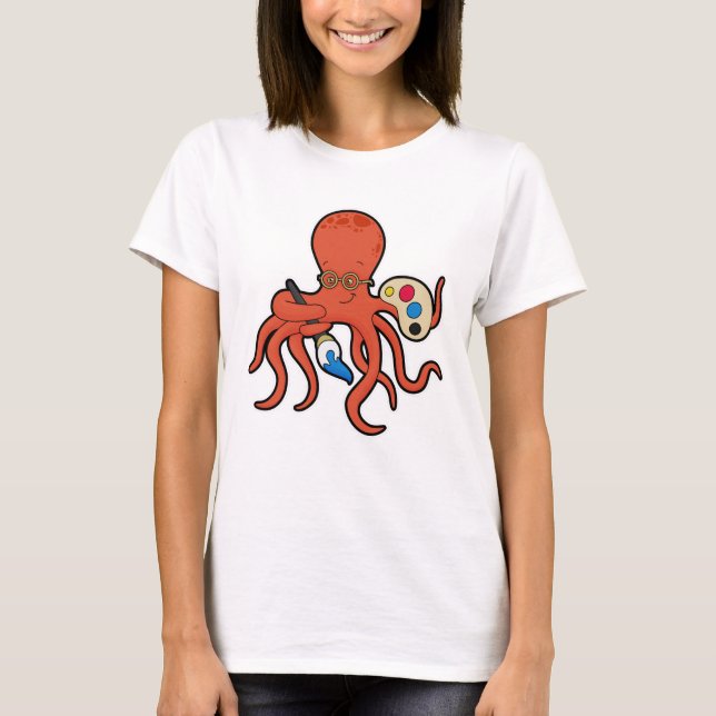 T-shirt Octopus comme Peintre avec Peinture et Pinceau (Devant)