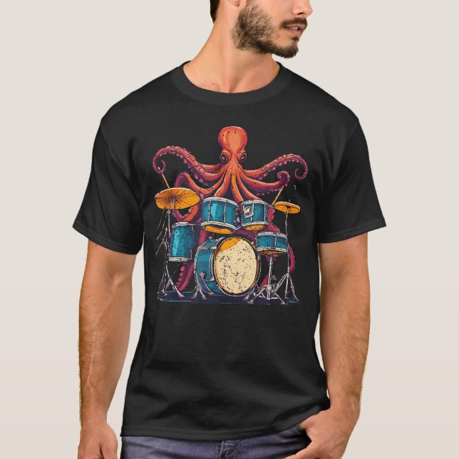 T-shirt Octopus Playing Drums I Drummer Drumming Musician  (Devant)