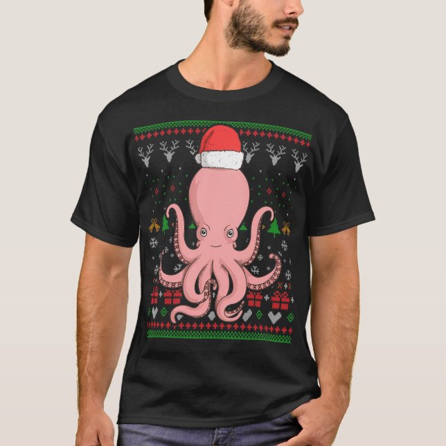 T-shirt Octopus Santa Claus Ugly Christmas Pattern (Devant)