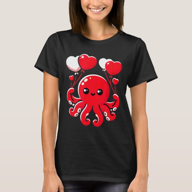 T-shirt Octopus With Heart Balloons Adorable Valentines Da (Devant)