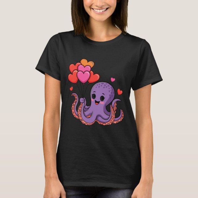 T-shirt Octopus With Heart Lloons Valentine Day  (Devant)