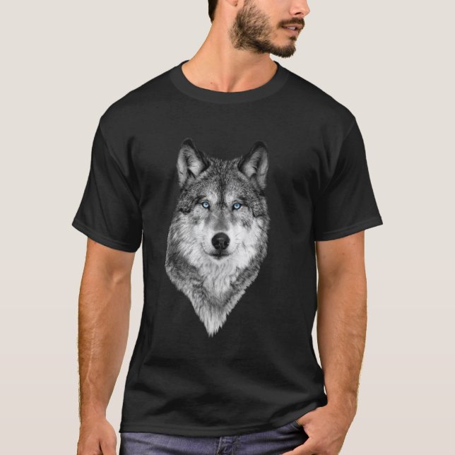 T-shirt Œil Intrépide Du Loup Face Impression Noir Et Blan (Devant)