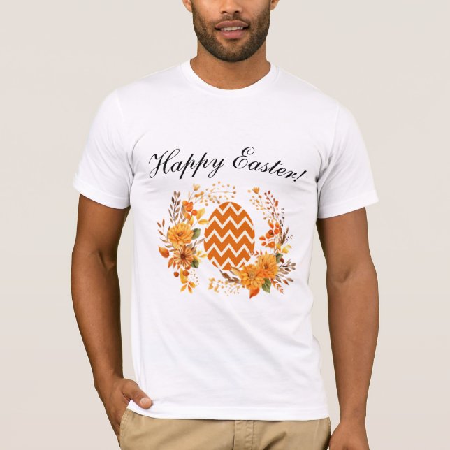T-shirt Oeuf Orange Chaud et couronne Florale Joyeux Pâque (Devant)