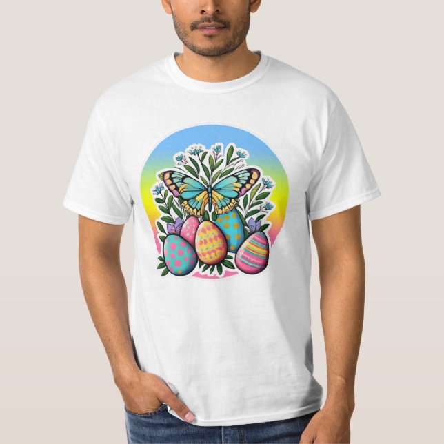 T-shirt Oeufs de Pâques, papillons et fleurs de printemps (Devant)