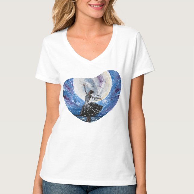 T-shirt Œuvre d'art faite main - Danse avec la lune  (Devant)