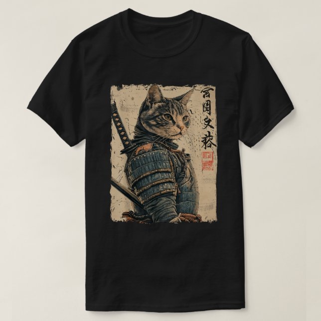 T-shirt Oeuvre japonaise de chat Ukiyo-E Samurai (Design devant)