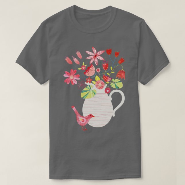 T-shirt Oiseau avec un Jug de Fleurs (Design devant)