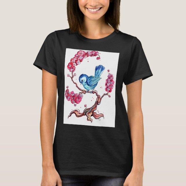 T-shirt Oiseau Bleu Avec Fleurs de Cerisier (Devant)