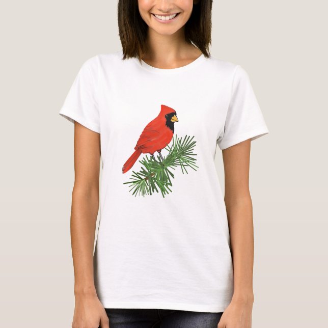T-shirt Oiseau cardinal rouge sur pin (Devant)