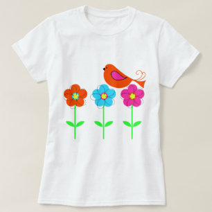 T-shirt oiseau coloré avec les fleurs colorées
