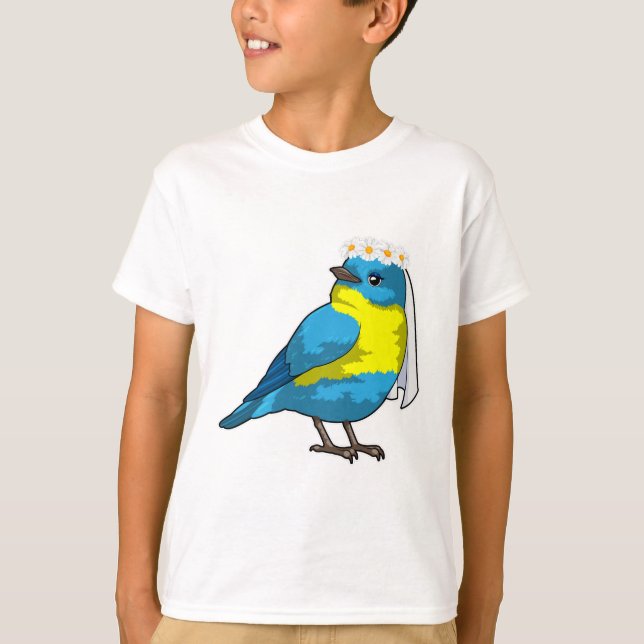 T-shirt Oiseau comme mariée avec une couronne de fleurs (Devant)