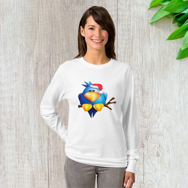 T-shirt Oiseau Dans Un Chapeau De Père Noël Femmes À Manch (Créateur téléchargé)