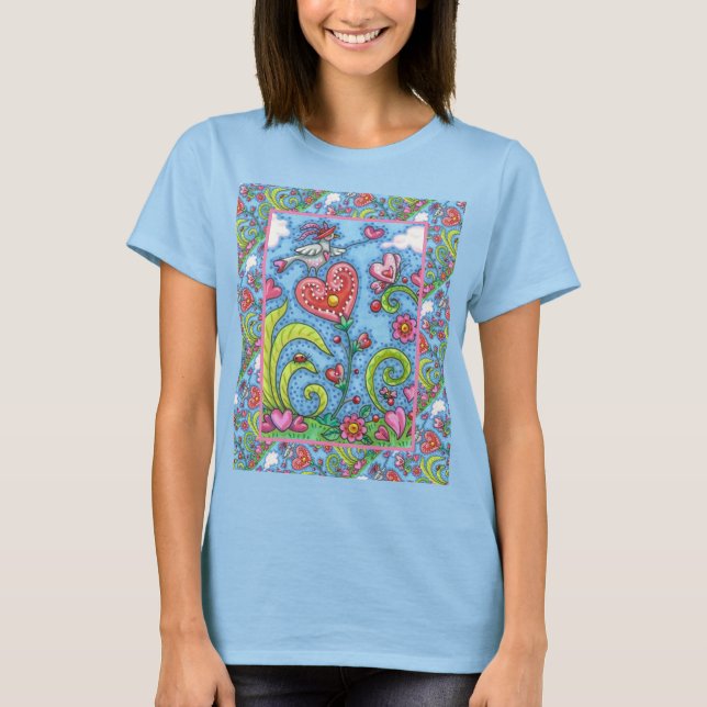 T-SHIRT OISEAU D'ART FOLK, VALENTINE HEARTS GARDEN (Devant)
