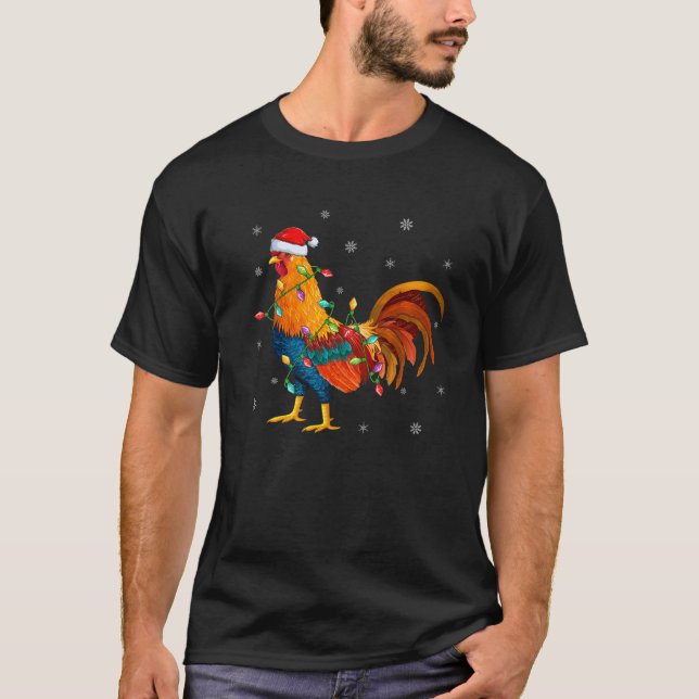 T-shirt Oiseau de coq Feux d'éclairage Santa Hat Rooster C (Devant)