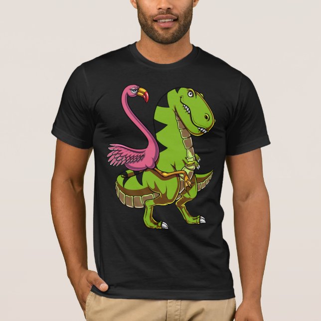 T-shirt Oiseau de Flamant rose montant le dinosaure de (Devant)
