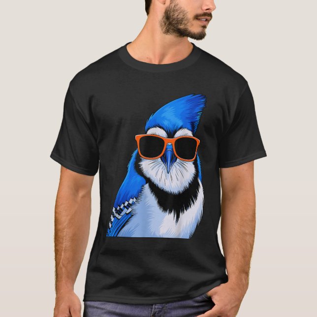 T-shirt Oiseau De Jay Bleu Avec Sungles Oiseaux (Devant)