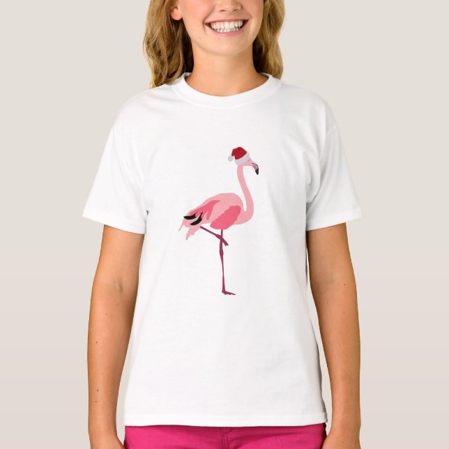 T-shirt Oiseau de Noël rose Flamant rose avec chapeau de P (Devant)