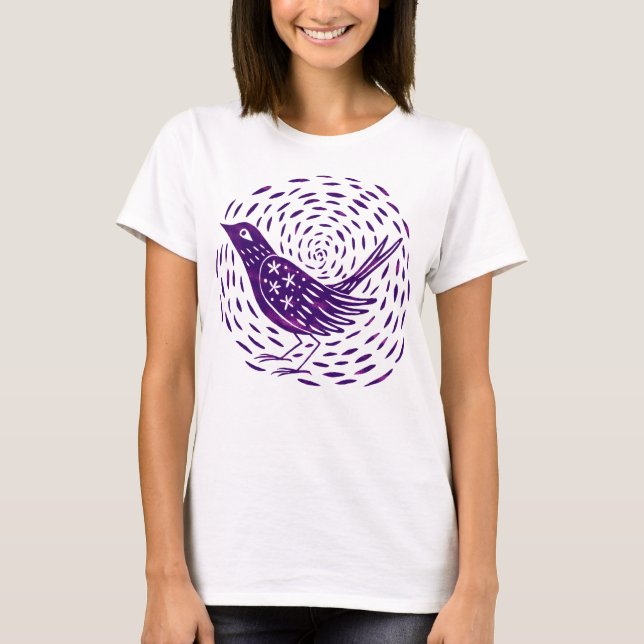 T-shirt Oiseau d'impression d'art de coupe de lino de (Devant)