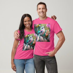 T-shirt Oiseau Fantastique à Poitrine Rosée et Crête Blanc