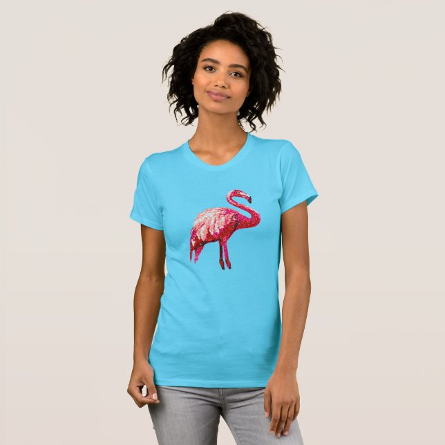 T-shirt Oiseau Flamant Tropical Imprimé Faux Sequins (Devant entier)