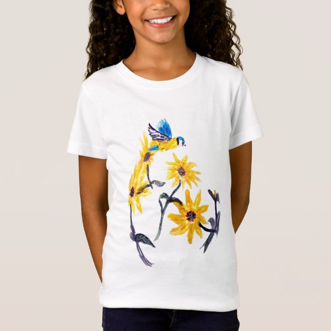 T-Shirt Oiseau floral Art Tournesol jaune (Devant)