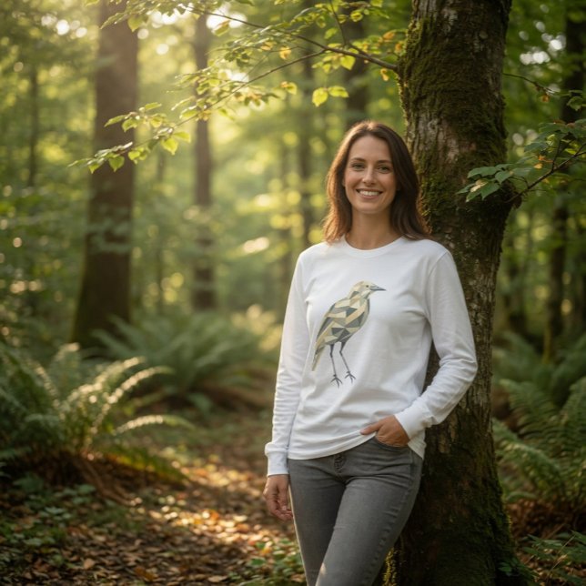 T-shirt Oiseau Géométrique Dessiné à la Main Femme Blanc (Créateur téléchargé)