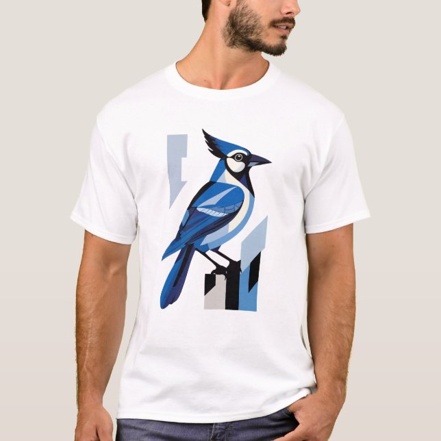 T-shirt Oiseau Jay bleu géométrique (Devant)
