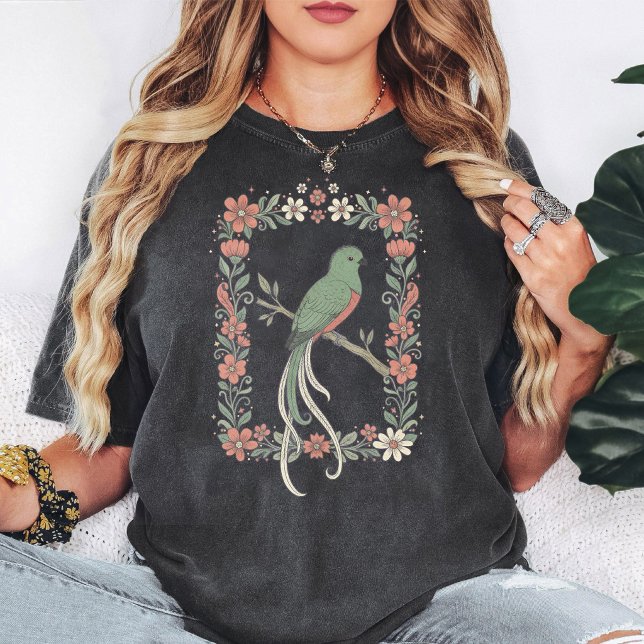 T-shirt Oiseau Quetzal Rectangle Floral (Créateur téléchargé)