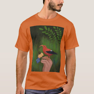 T-shirt Oiseau rouge et fleurs sur la main nymphe Iiwi Haw