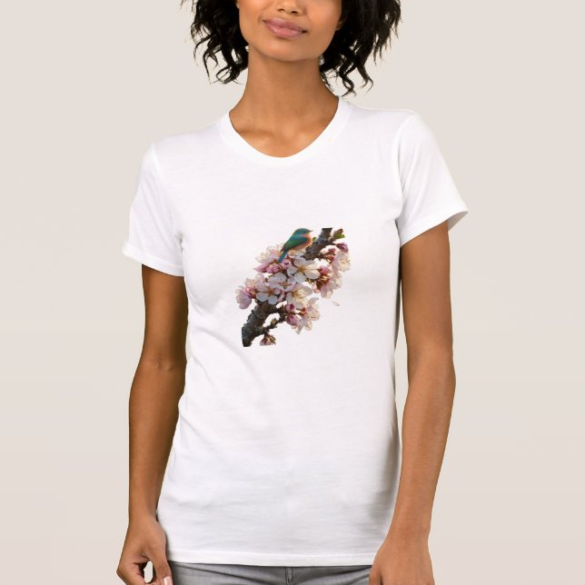 T-shirt Oiseau sur une branche d'arbre en fleurs (Devant)