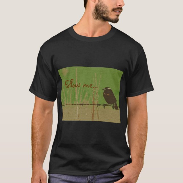 T-shirt Oiseau vert forêt nature peinte Twitter suivez-moi (Devant)
