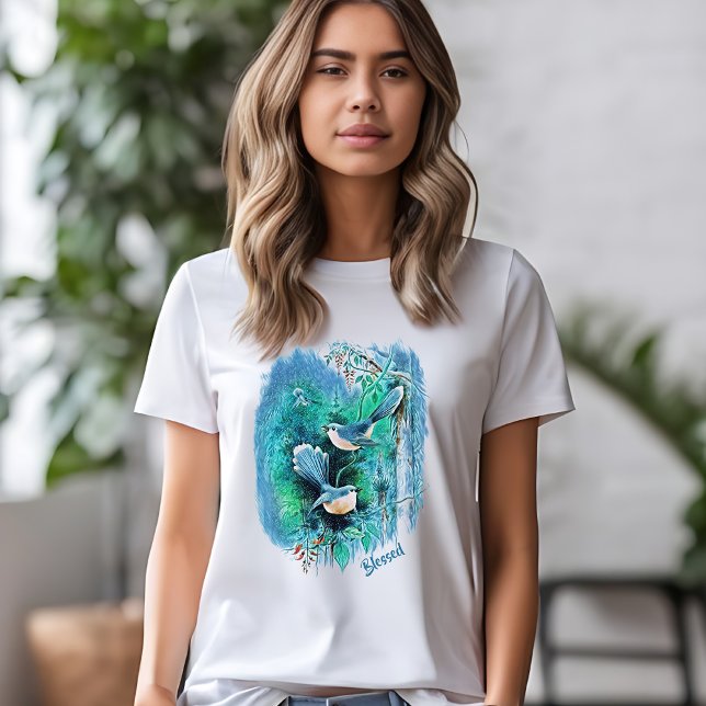 T-shirt Oiseaux Bleus D'Hiver Peinture Avec Texte (Créateur téléchargé)