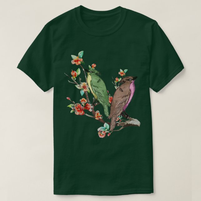 T-shirt Oiseaux D'Art Japonais En Fleurs De Cerisiers Sur  (Design devant)