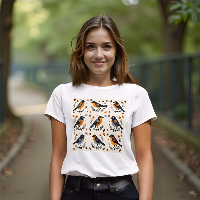 T-shirt Oiseaux d'art populaire - 3x3 Oiseaux d'amour (Bird Lover's Folk Art 3x3 Squares T-Shirt )
