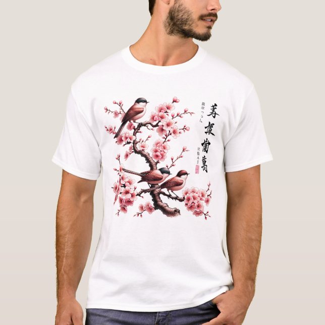 T-shirt Oiseaux en fleurs de cerisiers Art japonais (Devant)