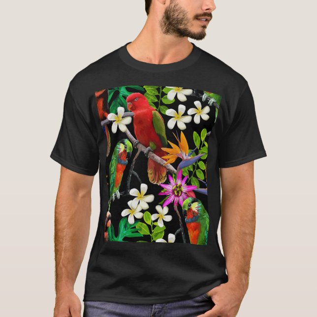 T-shirt Oiseaux exotiques Belles Fleurs Motif (Devant)