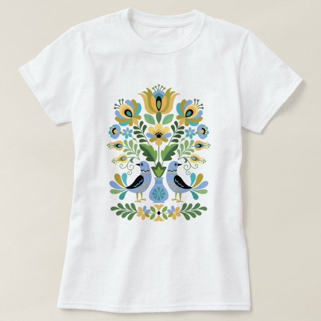 T-shirt Oiseaux folkloriques hongrois en bleu et or (Design devant)