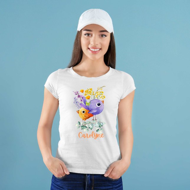 T-Shirt Oiseaux mignons Fleurs d'aquarelle violette et ora (Créateur téléchargé)