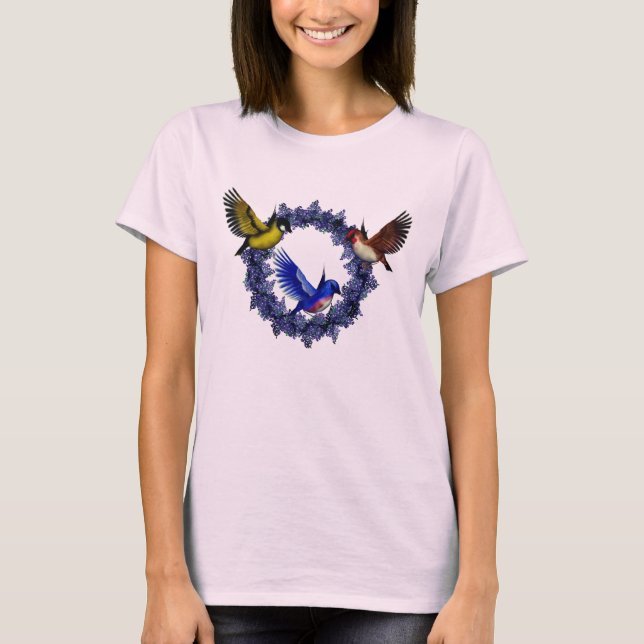 T-shirt Oiseaux Sur La Nature De La Fleur De La Wreath (Devant)