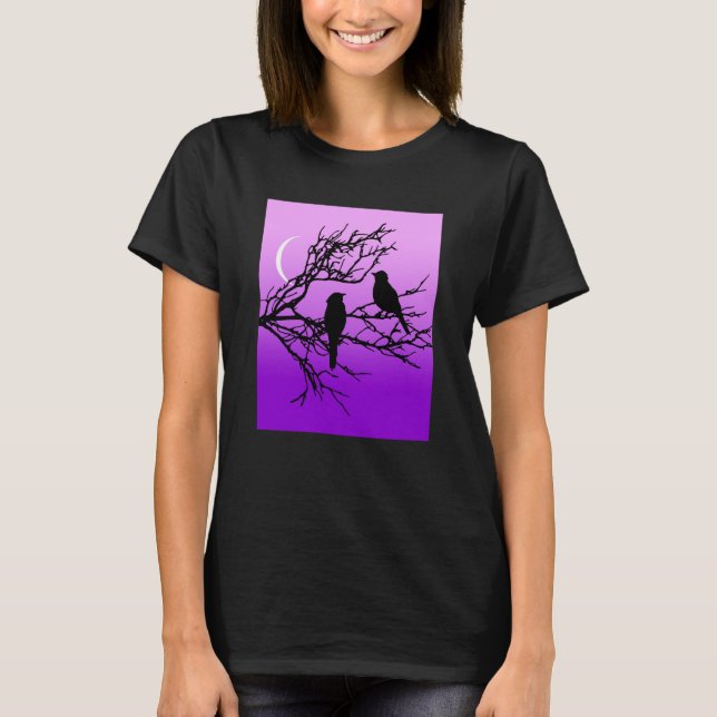 T-shirt Oiseaux sur une branche, Noir contre le crépuscule (Devant)