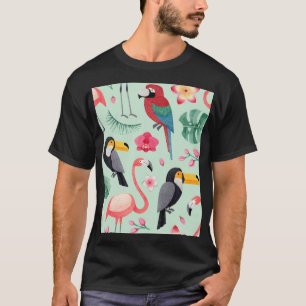 T-shirt Oiseaux tropicaux, fleurs, motif d'aquarelle.