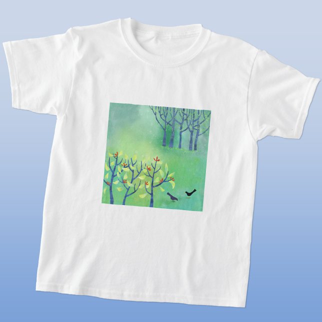 T-shirt Oiseaux verts modernes dans la peinture des bois (Green landscape art t-shirt)