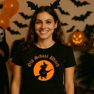 T-shirt Old School Witch Retro Woodblock Coupe Halloween