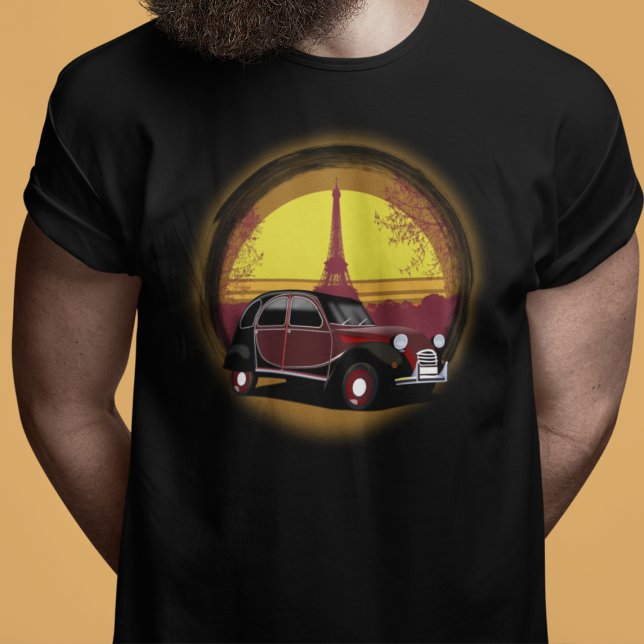 T-shirt Oldtimer 2cv Charleston Paris Sonnenuntergang (2CV T-Shirt in Black with a Romantic Deux Chevaux Charleston Eiffel Tower Illustration)