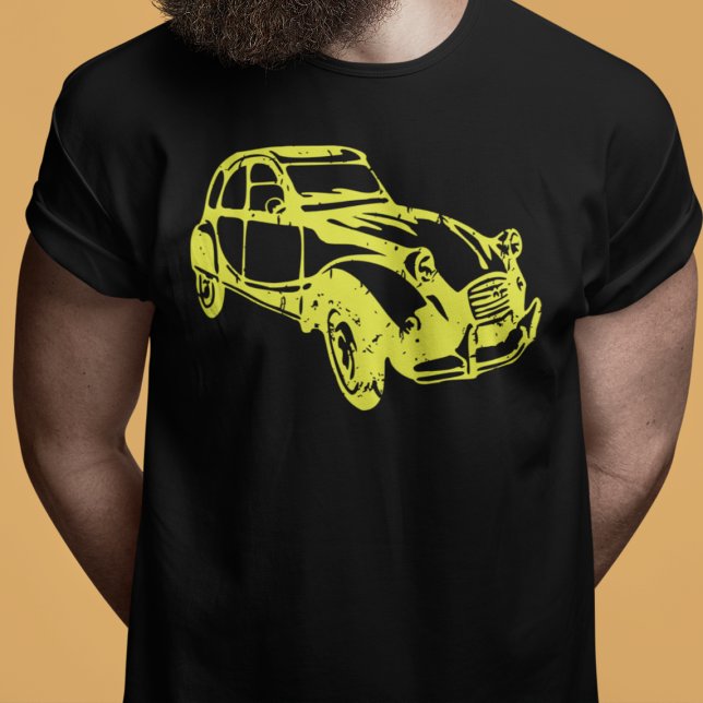 T-shirt Oldtimer 2cv Ente Linienzeichnung Gelb (2CV Car Magnet in Black with a Yellow Deux Chevaux Illustration)